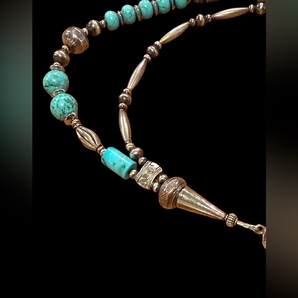 Vintage Sterling Silver Navajo Pearls Turquoise Squash Blossom Necklace - Picture 14 of 15